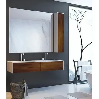 Henneke Doppelwaschtisch Corian® WoodOne eckig mit Unterschrank einreihig, Fugenlos aus Mineralwerkstoff 140 cm x 50 cm
