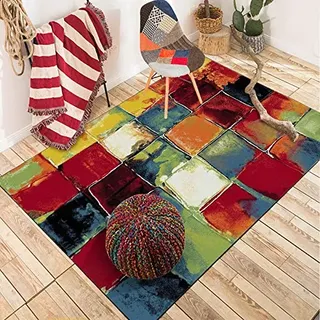 QJDTZMD Contemporary Design Teppich Abstraktes mehrfarbiges quadratisches Ölgemälde in Gelb, Rot, Grün, Gelb, rechteckig, 80 x 160 cm Teppich Wohnzimmer Weich rutschfest Waschbar Teppich
