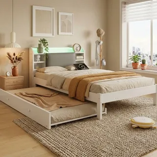 Funktionsbett 120x200 Cm Mit Ausziehbett 90x190 Cm - Weißes Holzbett Mit Lattenrost Gepolstertem Kopfteil Led-beleuchtung Ablage Und Ladestation