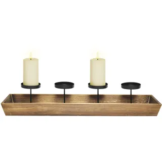 Holz Advents Kerzenleuchter mit 4 Kerzentellern - 56 x 12 cm - Weihnachts Kerzenständer mit integriertem Deko Tablett - Kerzenhalter Adventskranz Tisch Winter Dekoration