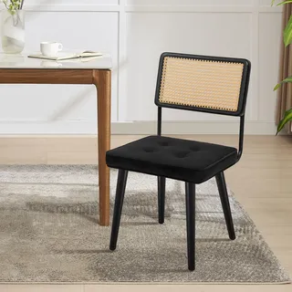 Garvee Esszimmerstuhl Samt mit Wiener Geflecht Rückenlehne, Retro Polsterstuhl Schwarz, Vintage Rattan Küchenstuhl mit Massivholzbeinen, Boho Design für Esszimmer, Wohnzimmer & Schlafzimmer