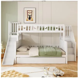 Odikalo Kinderbett Etagenbett 90x200 140x200 mit Rutsche (Kinderbett 90*200/140*200 cm, Massivholz-Etagenbett mit Rutsche und Regal mit Sicherheitsstufen, Rollbett und Lattenrost, weiß) weiß