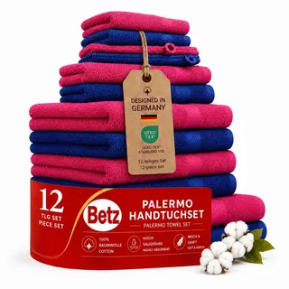 Betz 12-TLG. Handtuch-Set Palermo 100% Baumwolle 2 Liegetücher 4 Handtücher 2 Gästetücher 2 Seiftücher 2 Waschhandschuhe Farbe Cranberry und blau