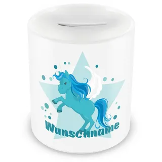 Samunshi® Kinder Spardose mit Namen und Blaues Einhorn als Motiv für Kinder - Jungen und Mädchen Sparschwein 330ml weiß