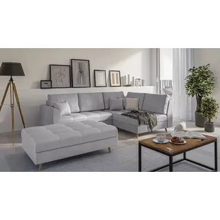 s-style möbel Ecksofa und Fußhocker mit Holzfüßen im skandinavischen Stil Marco aus Grau Luxusmicrofaser, Ottomane rechts - B/T/H:231 cm/161 cm... - Grau
