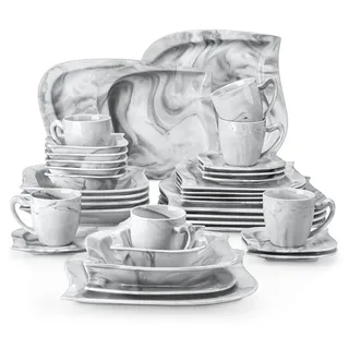 36-tlg. Tafelservice aus Porzellan, Kombiservice in Marmor-Grau, Geschirr-Set mit Essteller, Dessertteller, Suppenteller, Kaffeeservice und Schale - Grau