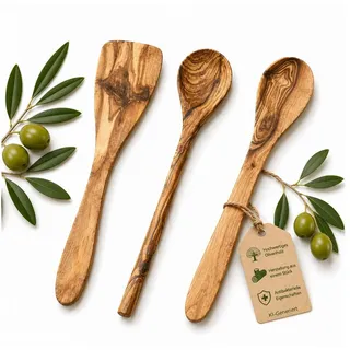 Topanbieter999 Kochlöffel 3er Set - 2 Kochlöffel, 1 Wender, Olivenholz Küchenhelfer braun