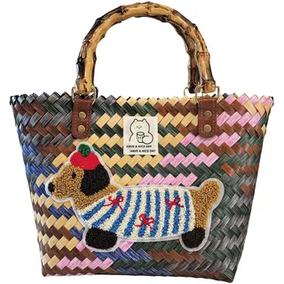 Korbtaschen Damen, Kunststoff Einkaufskorb mit Henkel, Strandtasche Stroh mit Dackel Muster, Basttasche für Sommer, Geflochten Handtasche für Picknick, Shopping, Urlaub
