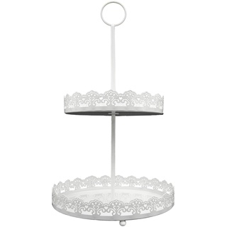 Etagere 2 Stöckig 44 cm hoch Ø 20/25 cm Romantik Obst Weiß Deko Metall weiß Obst Nostalgie Geschenkidee Servier-Teller Kleine Landhausstil Servierständer