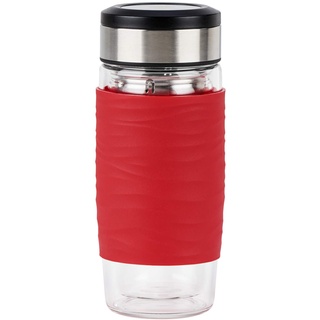 Emsa N20804 Tea Mug Teebecher aus doppelwandigem Glas | 0,4 Liter | herausnehmbares Sieb | BPA-Frei | 100% dicht | auslaufsicher | spülmaschinengeeignet | 360°-Trinköffnung | Rot