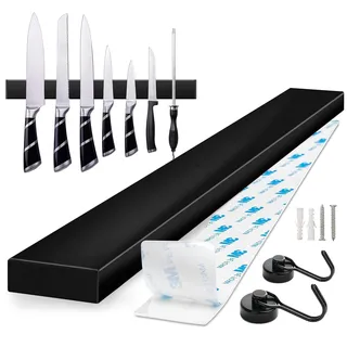 Trhillsbrad Magnetleiste Messer, 40cm Messerhalter Magnetisch mit 2 Haken Edelstahl Messerleiste Selbstklebend, Schwarz Wandhalterung Magnetleiste Ohne Bohren Messerhalter für Küchenmesser