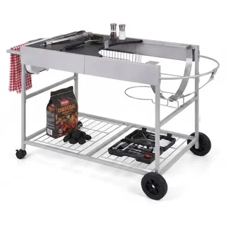 KOMFOTTEU Grillwagen Outdoor, Edelstahl Grilltisch für 18 Zoll & 22 Zoll Holzkohlegrill, Servierwagen mit Arbeitsfläche & Deckelhalter, rollbarer... - Silber