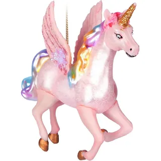 BRUBAKER Weihnachtsbaumkugel Fliegendes Einhorn - Weihnachtskugel aus Glas mit Regenbogen Mähne (1 St), Handbemalt - Lustiger Christbaumschmuck Figur mit Flügeln - Baumkugel rosa