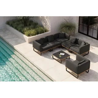 PLOSS Solera Light Gartenlounge, anthrazit/schwarz, Alu/Polyester/Glas, 80 x 80 cm, Quick Dry Foam, Holzdekor, inkl. Einsitzer-Sofa