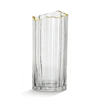Klarglasvase, Vase Glas im Eisstruktur Design, Zylindrische Glas Vase 25cm/30cm, Moderne Dekovase für Blumen, Tulpen und Wohnzimmer Deko (Klar/Goldrand, 25 cm)