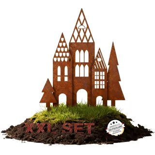 EXTRAVAGANT Gartenstecker Häuser-Set XXL, wetterfest, Edelrost, 5er-Set | Handgefertigt in Deutschland, Gartendekoration, dekorative Rostpatina, aus Metall, für Beet und Terrasse