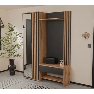 4ALLHOME Garderobenschrank KILO 140 cm mit Spiegel und Lamellen – Moderne Garderobe mit Stauraum in Wotan Eiche & Schwarz Matt