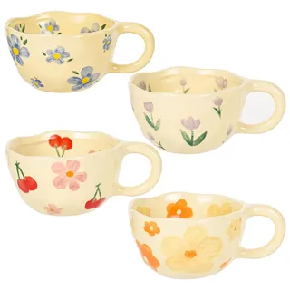 MAKCNMYM Keramik-Kaffeetasse, Vintage-Blumenbecher, 237 ml, niedliche Blumen-Kaffeetassen, unregelmäßige Latte-Kunst-Tasse, bleifreie Porzellantassen für Cappuccino, Kakao (4 Stück)