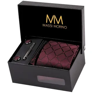 MASSI MORINO Krawatte Weinrot Quadrat mit Einstecktuch Set Herren inkl. Manschettenknöpfe, Krawattennadel und Geschenkbox - Männer Krawattenset - Einheitsgröße