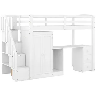 Celya Hochbett 90x200cm mit Kleiderschrank und Treppe Schreibtisch und Schubladen und Schrank in einem, Weiß weiß