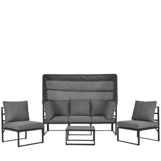 KLAM HOME Gartenlounge-Set Wetterfest Sonneninsel-Sitzgruppe aus Eisen mit Markise, (4tlg, 1 Oberes Sonnensofa 2 Stuhl 1 Couchtisch inklusive aller Kissen), Terrassenmöbel für Balkon Garten Schwimmbad Strand grau