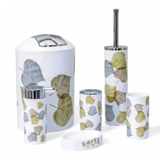 6tlg Badset Badezimmer Zubehör Set Organizer: Seifenspender, Zahnputzbecher, Kosmetikeimer, WC Bürste und Halter, Seifenschale, Mülleimer, Zahnbürstenhalter, Badgarnitur (Blätter)