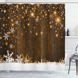 ABAKUHAUS Weihnachten Duschvorhang, Holz und Schneeflocken, Stoffliches Gewebe Badezimmerdekorationsset mit Haken, 175 x 180 cm, Braun weiß