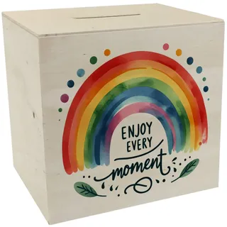 Regenbogen Spardose aus Holz mit Spruch Enjoy Every Moment Motivation in Regenbogenfarben Bunte Spardose aus Holz in Rot Orange Gelb und Grün