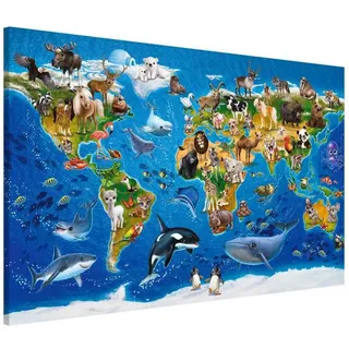 Bilderdepot24 Magnettafel Kinder bunt Weltkarte mit Tieren, (1-tlg., Magnetboard Pinnwand für die Wand - metallische Tafel für Magnete), Magnetwand groß mit Motiv Kinderzimmer Memoboard magnetisch Querformat blau 90 cm x 60 cm
