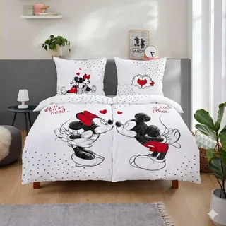 Familando – Mickey & Minnie Partner Bettwäsche-Set (4-teilig) – 2X Decken- & 2X Kissenbezug 135x200 cm & 80x80 cm mit Reißverschluss – 100% Baumwolle Renforcé – Wendemotiv – Öko-TEX Zertifiziert