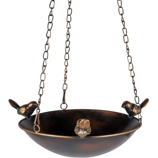 Geschenk-Himmel Vogeltränke hängend Wildvögel Vogel Tränke aus Metall braun-gold mit drei Vögel verziert (25 rund)