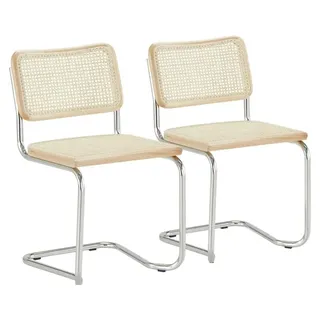 k-hometrends KADEN Freischwinger Stühle 2er Set mit Wiener Geflecht – Esszimmerstühle aus Holz & Metall – Designstühle Natur/Chrom - Silber