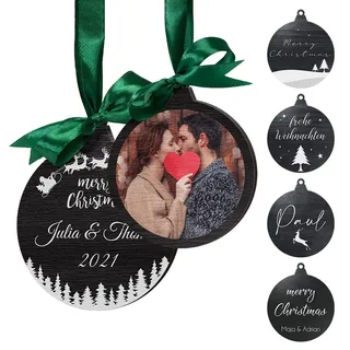 Individueller Holzanhänger Weihnachten - Christbaumkugel Weihnachtskugeln mit Foto Namen Text personalisiert - Christbaumschmuck Holz schwarz mit Bild - Geschenkanhänger Tannenbaum