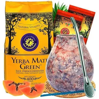 Yerba Mate-Tee Set mit Keramik Tasse | Mate Tee mit ahshwagandha und frucht 400g | Keamik mate tee tasse Caleidoscope becher und Edestahl Bombilla 19cm | Brasilian mate tee loose leaf 500g
