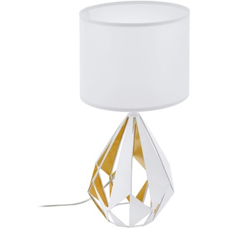 EGLO Tischlampe Carlton 5, 1 flammige Vintage Tischleuchte, Nachttischleuchte aus Stahl und Stoff, Farbe: Weiß, gold, Fassung: E27, inkl. Schalter
