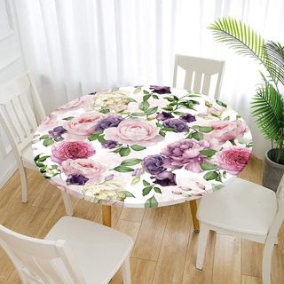 Morbuy Rund Tischdecke Outdoor Elastisch, Schöne Blumen Muster Tischdecken Wasserdicht Lotuseffekt Abwaschbar Abwischbar Tischtuch für Küchentisch Garten Draussen (70cm,Lila Rose)