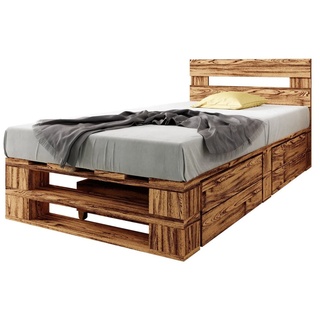 sunnypillow Palettenbett M2 aus Holz mit Kopfteil und 2 Bettkästen, 100 x 200 cm + Schubladen Geflammt braun
