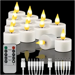 OZAVO LED-Teelichter 6/12er set Aufladbar LED Teelichter mit Timer Fernbedienung USB-Kabel, warmweiß, Flammenlose LED Teelichter Dimmbar für Hochzeiten Partys weiß