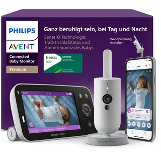 Philips Avent Premium Connected Babyphone mit App - 1080 px HD-Kamera, Schlaf- & Atemtracking mit KI, Schrei-Interpretation, Dekra-Zertifiziert für höchste Cybersicherheit, Wandhalterung, SCD974/26