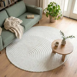 FRAAI | Home & Living Runder Teppich Wohnzimmer - Charm Curves Weiß - Ø 80 cm - Polyester - Kurzflor - Einfarbig, Gewellt - Waschbar in Waschmaschine - Modern - Wohnzimmer, Schlafzimmer