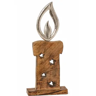 Großer XXL Aufsteller Kerze Deko-Figur Weihnachts-Kerze aus Holz & Metall in braun & Silber Weihnachtsdeko Deko-Figur Weihnachtsdekoration Weihnachten Herbst Weihnachts-Deko Advent Geschenk-Idee