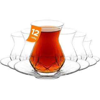 NORDIC SCHILLER Türkische Teegläser Set 165ml 12-teilig (6 Personen Set), Türkische Teegläser Mit Untertasse, 6 Teegläser, 6 Untersetzer, Teebecher Set 12 Stück, Cay Bardagi Seti