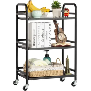 HDANI Servierwagen,3 Ebenen Rollwagen aus Metall,Schwarz,48x30x75cm | Küchenwagen 4 lenkbare Rollen(2X bremsbar),Mehrzweckwagen für kleine Räume,Küche,Esszimmer,Bar,Bäder,10kg pro Ebene
