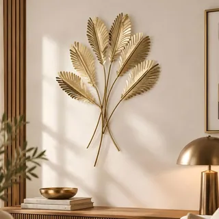 Wandbild Metall Gold Blätter H72cm 3D Metallbild Wanddeko Floral Deko | Modernes Relief Kunstwerk, edler Blattzweig, auch als Geschenk, einfache Montage, zeitloses Design Flur Schlafzimmer