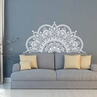 Mandala-Wandtattoo, halbes Design für Zuhause und Büro, abnehmbare PVC-Wandaufkleber, Kunst für glatte Oberflächen und Paneele (Weiß, 116 x 57 cm)