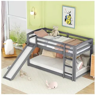 MODFU Etagenbett Kinderbett mit sicherem Geländer (90x200cm, Hochbett, Gästebett, Stockbett), aus Massivholz Kiefer und MDF grau