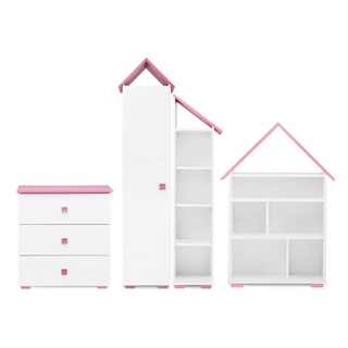 Konsimo Babymöbel-Set Kindermöbel-Set, 4 Elemente PABIS, (4-St), Möbel für Kinderzimmer, in Pastellfarben, Hausform rosa|weiß