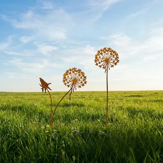 yeeplo Gartenstecker Rost Pusteblume Deko 30cm - Gartendeko Für Draußen Wetterfest Metall - Blumenstecker Edelrost Löwenzahn - Balkon Wetterfest, Gartendeko Rost (C)