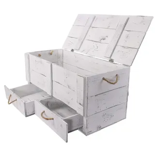 Große Holztruhe mit Deckel und Schubladen 85x39x40cm Hochzeit Schatztruhe Spielzeugkiste Garten Truhe Bank Stauraum Sitztruhe Sitzbank Aufbewahrungstruhe Schlafzimmer, Wohnzimmer (Shabby weiss)