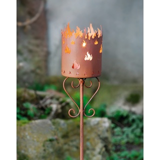 Dekoleidenschaft Gartenfackel Flammenkelch aus korrodiertem Metall in Rost-Optik, 90 cm hoch, Gartenstecker, Kerzenhalter, Garten-Deko für Draußen